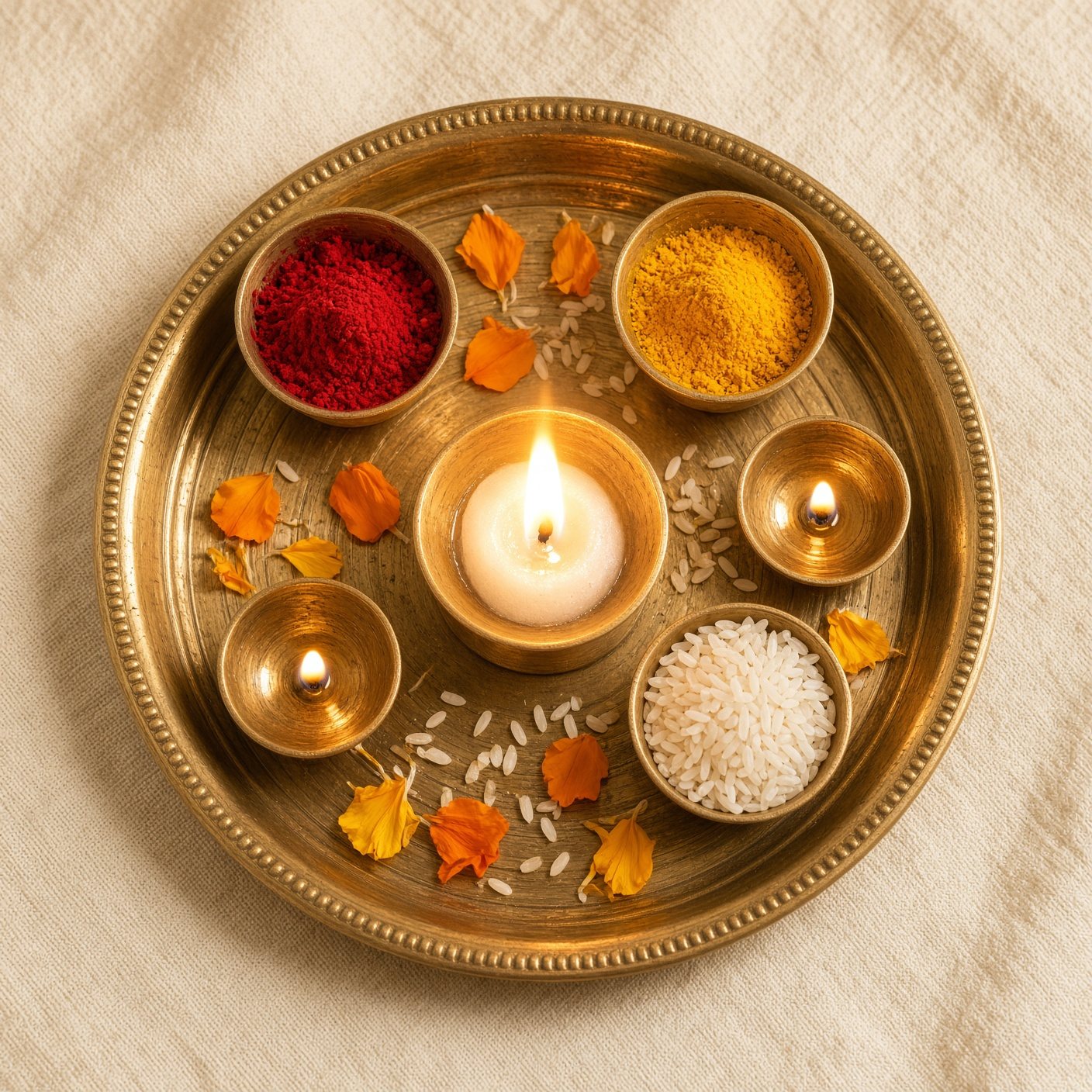 Brass aarti plate seen from above with camphor flames, turmeric, kumkum, rice and marigold petals