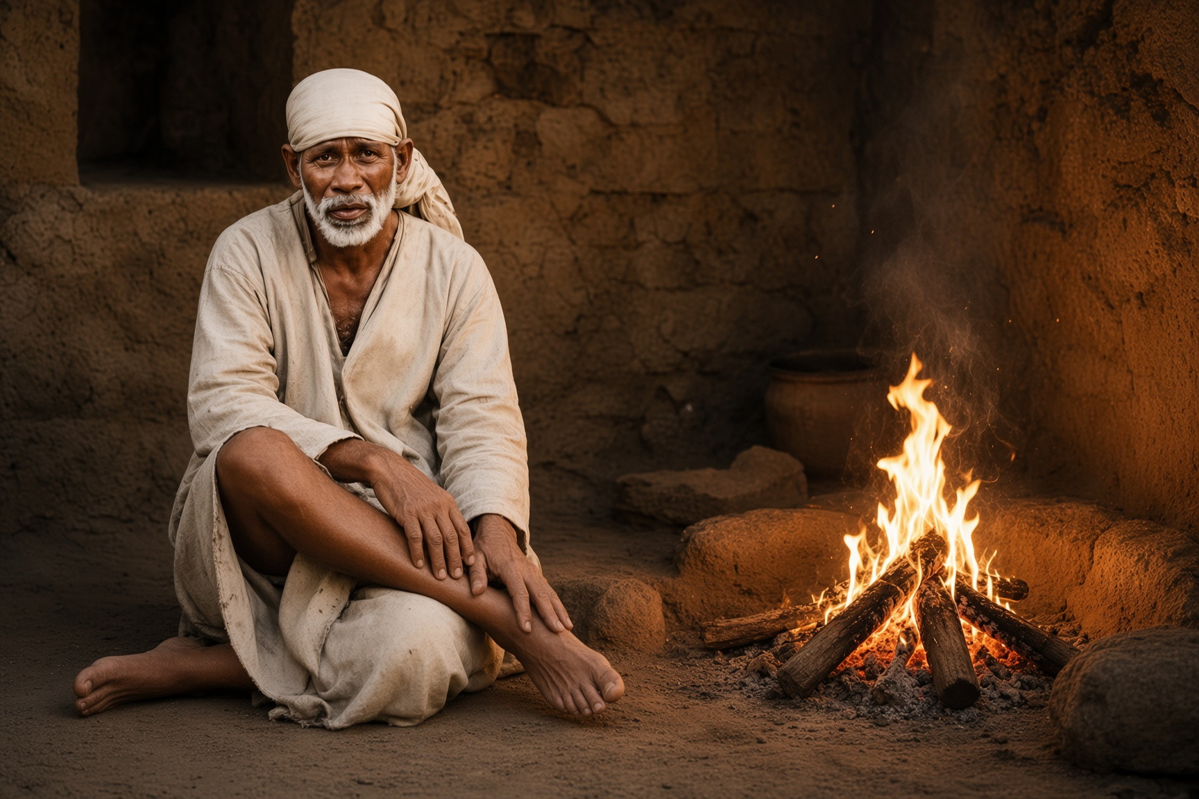 Shirdi Sai Baba seated on the floor near a sacred wood fire in a stone room