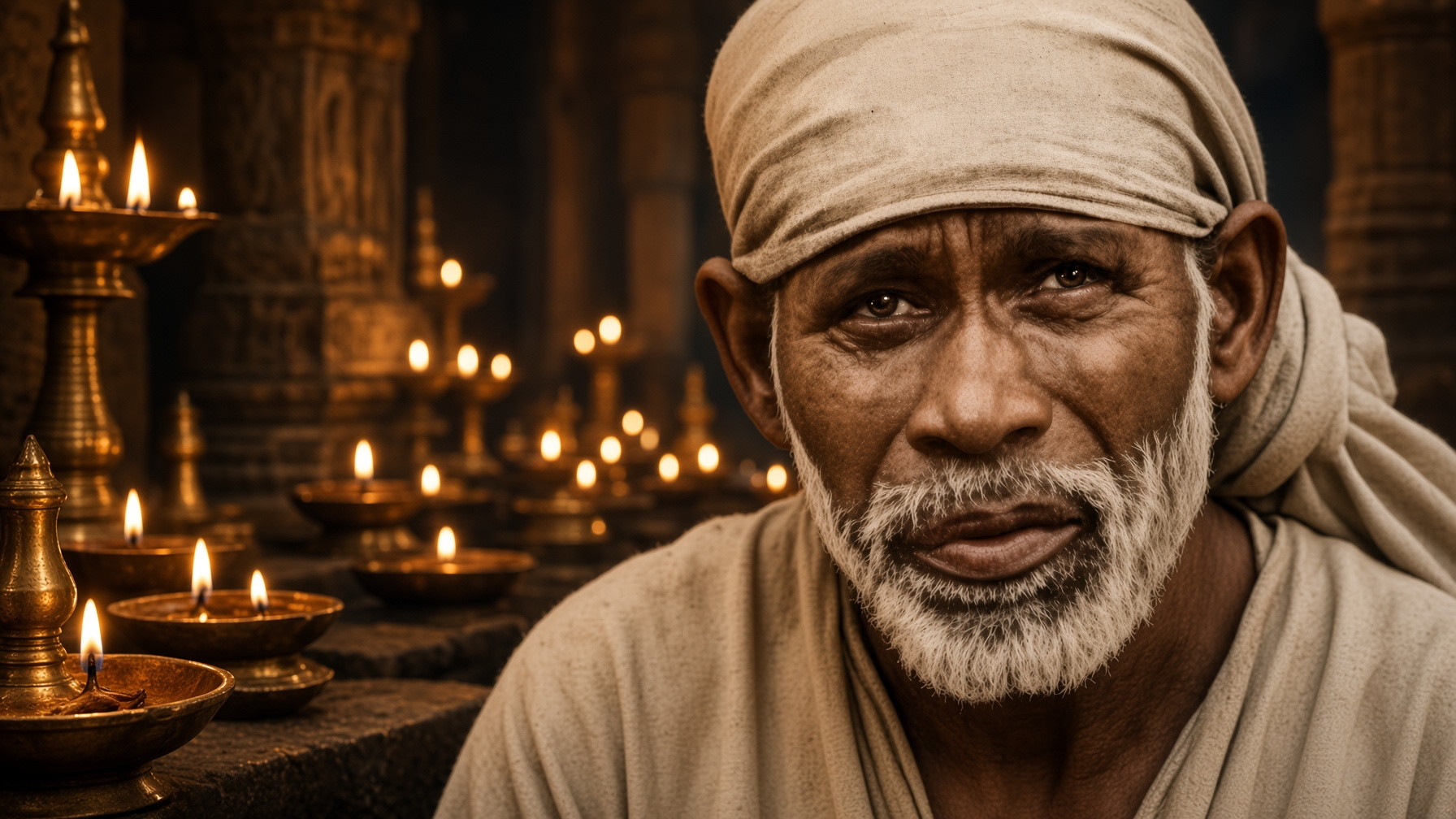 Shirdi Sai Baba in warm lamp light, looking gently toward the viewer