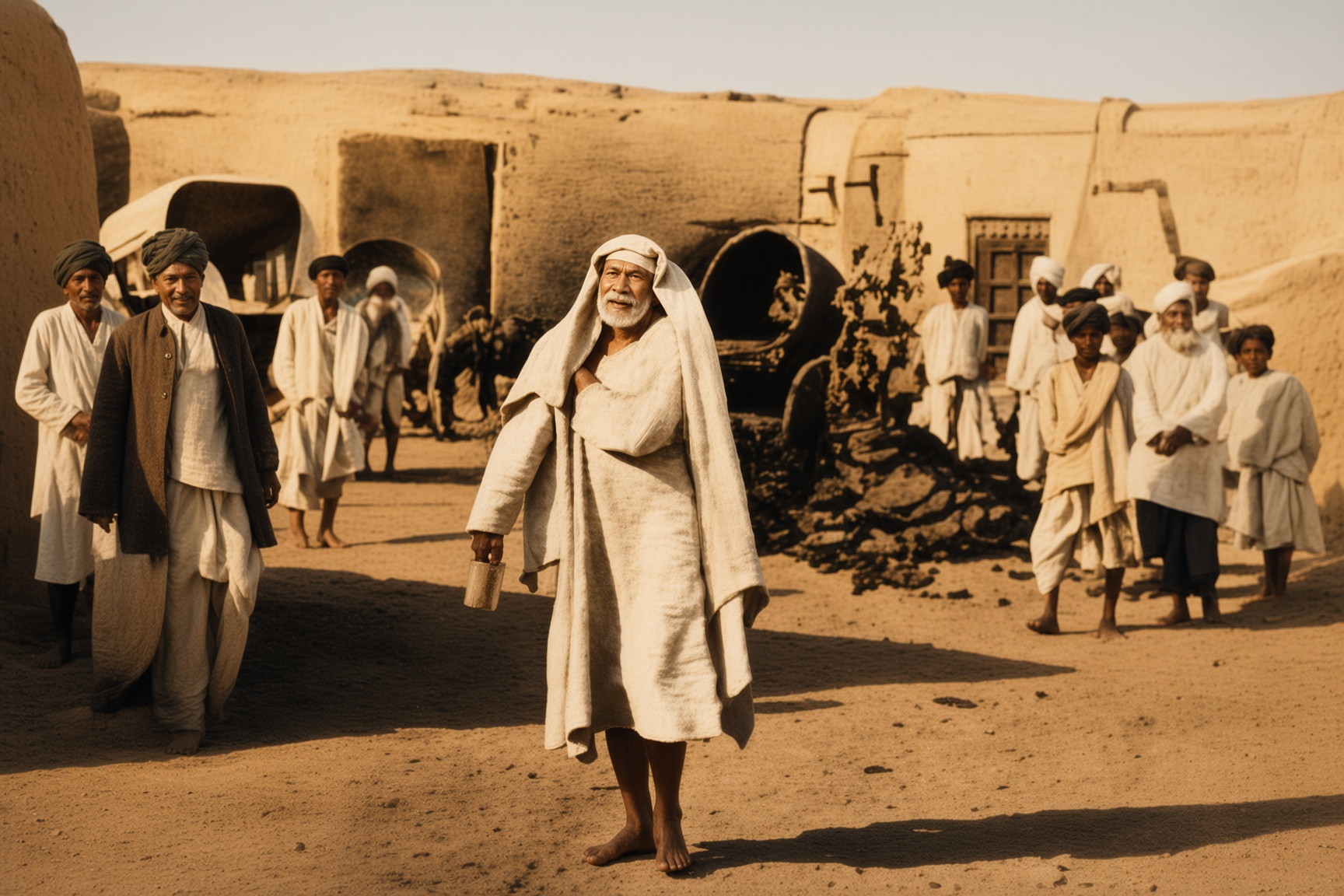 Shirdi Sai Baba walking barefoot through a dusty village lane in white robes, villagers nearby