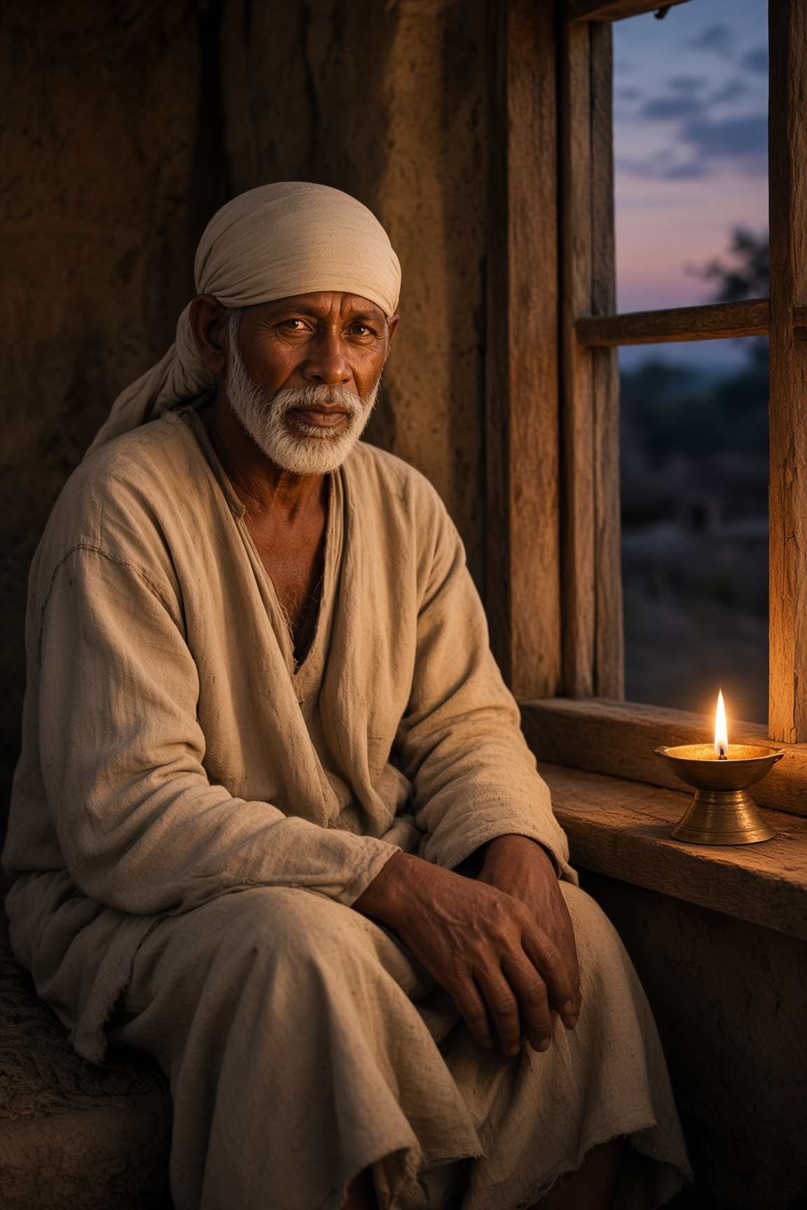 Shirdi Sai Baba seated beside a wooden window with a small oil lamp on the ledge at dusk