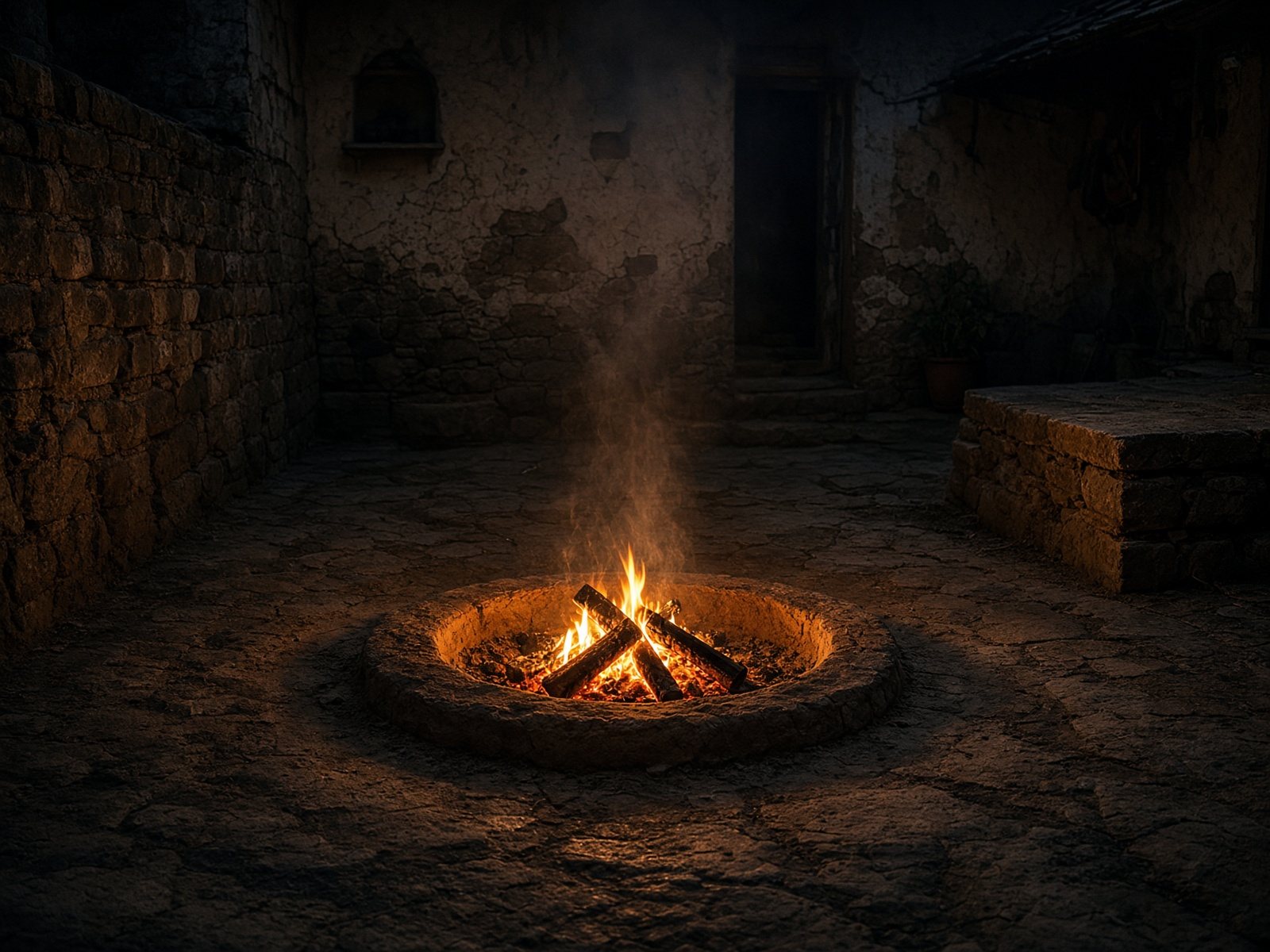 Sacred wood fire glowing in an earthen pit on a worn stone courtyard at night