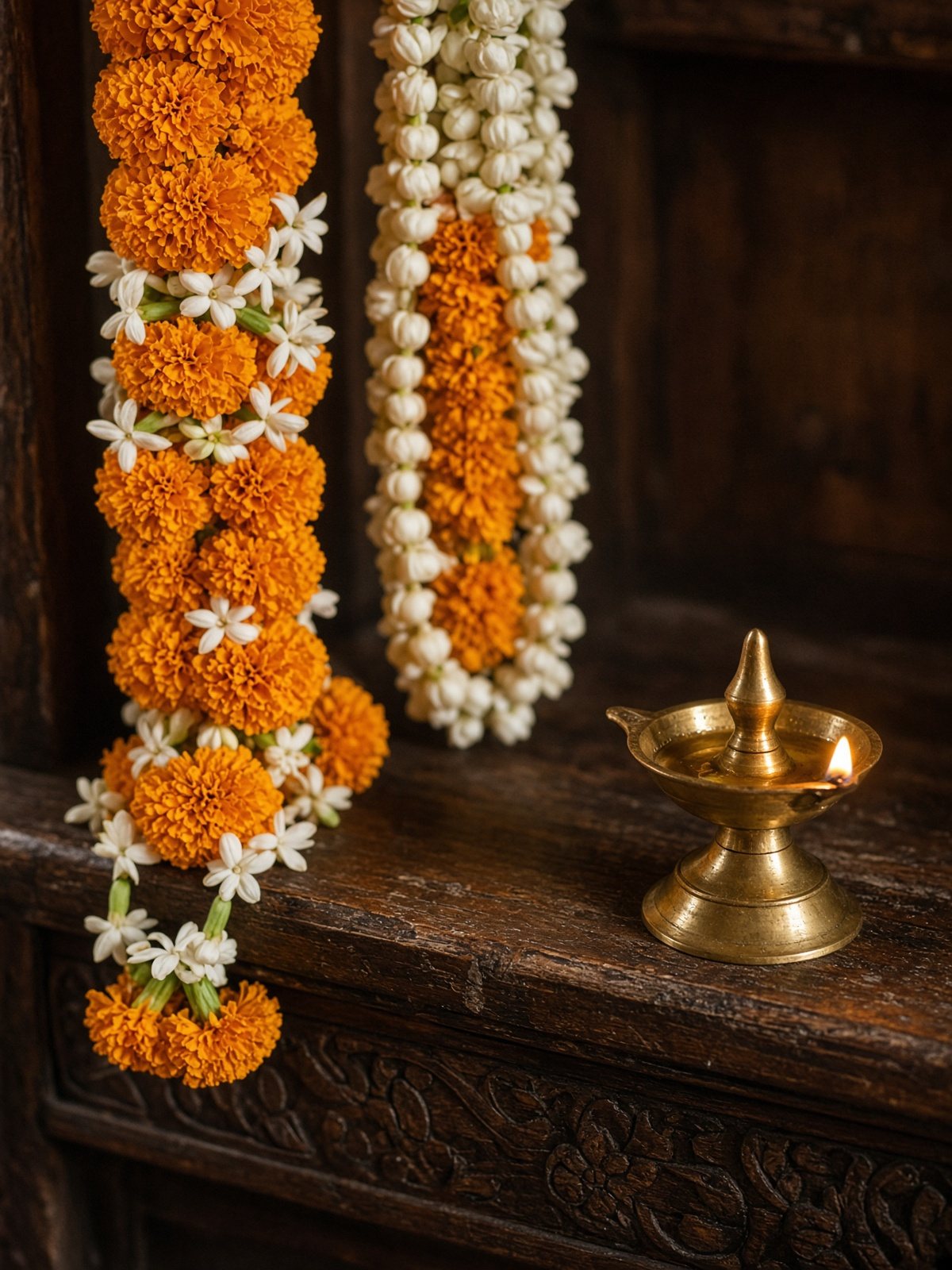 Orange marigold and white jasmine garlands draped over dark carved wood beside a brass lamp
