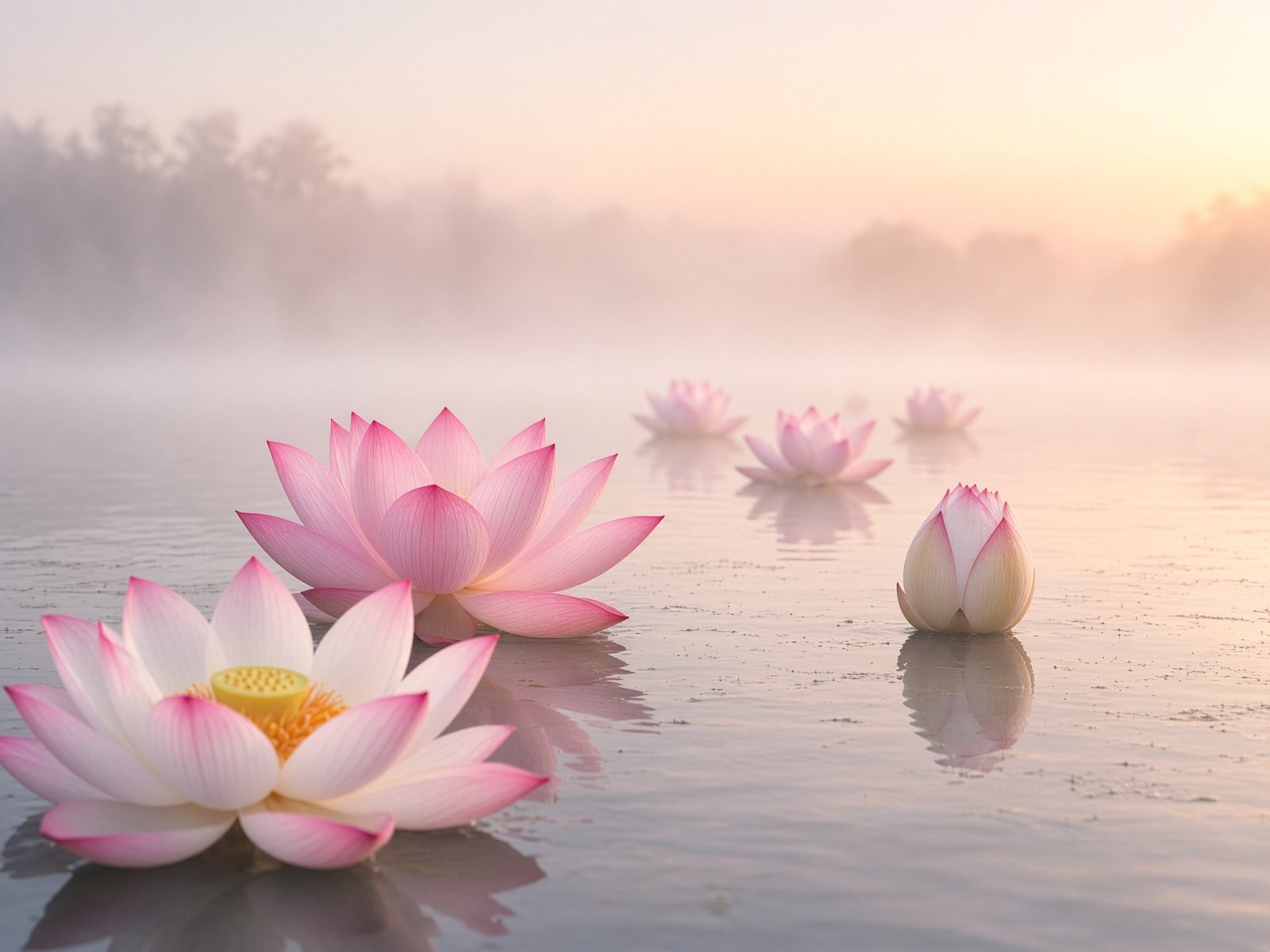 Pink and white lotus flowers floating on still water in soft dawn mist