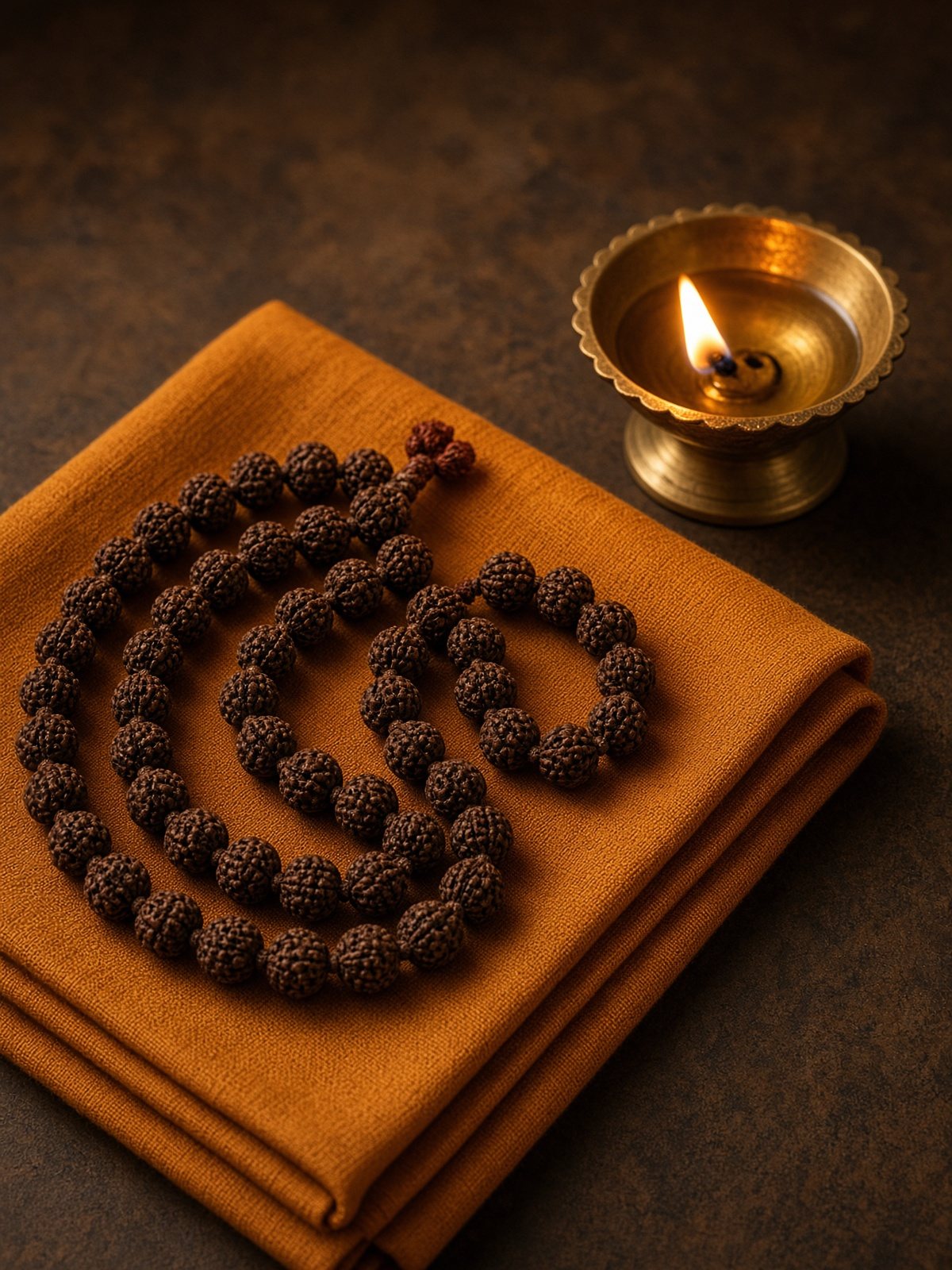 Rudraksha prayer beads coiled on saffron cloth beside a lit brass diya