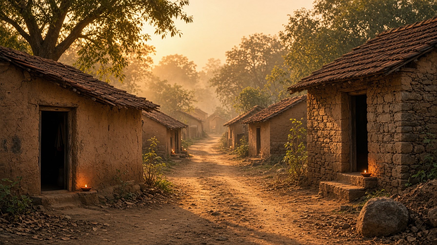 Quiet Maharashtra village lane at golden hour with modest houses and warm light